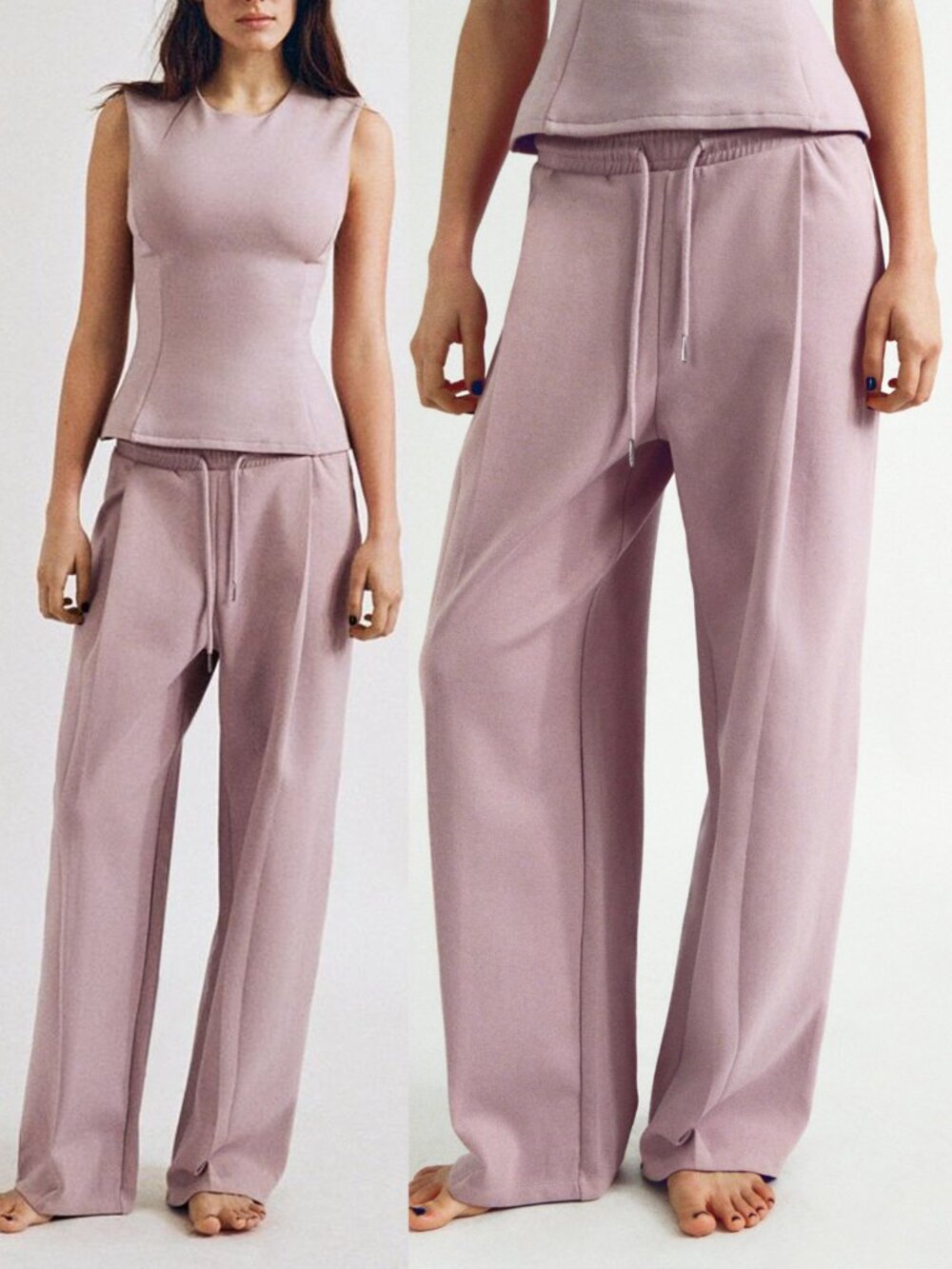 Zara Dusty Pink Interlock High Waist Wide Leg Sweat Pants Trouser S 8417/301